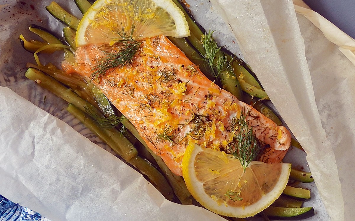 Parchment Baked Lemon Salmon & Vegetables